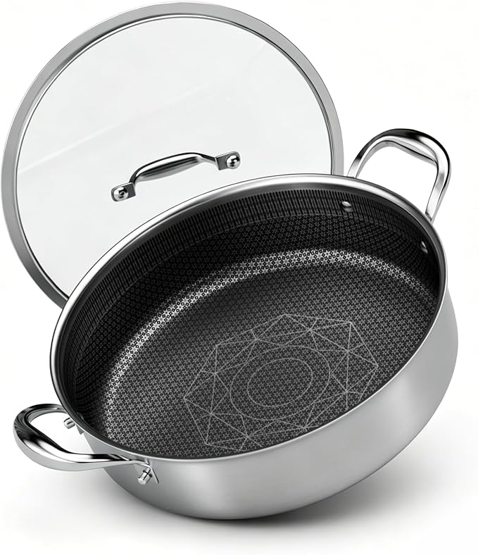 COOKER KING 5Qt Hybrid Sauté Pan with Lid, Nonstick Braiser, Chicken fryer | Non-Toxic Coating Pot, Dishwasher & Oven Safe, Induction Ready, Dual Cool Handle, 3-Ply Stainless Steel Clad for Fast Heat