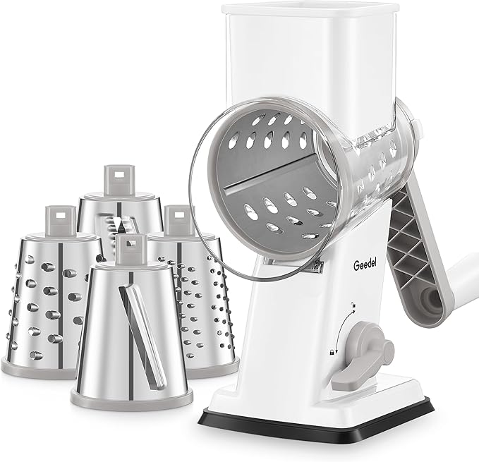 Geedel Upgraded Rotary Cheese Grater Hand Crank, Vegetable Shredder Slicer | 4 Blades, Stronger Suction Base, Wider Chute, 18x Faster Cutting, No BPA, Stainless Steel, for Cheese, Veggies, Nut