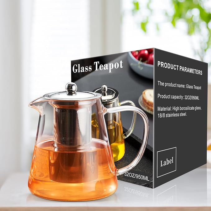 PARACITY Glass Teapot Stovetop 32 OZ, Borosilicate Clear Tea Kettle with Removable 18/8 Stainless Steel Infuser, Teapot Blooming and Loose Leaf Tea Maker Tea Brewer for Camping, Travel (950ML) | Clear borosilicate tea kettle with infuser uses a steel s...