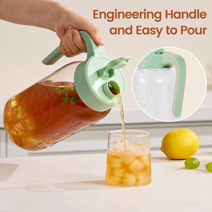 Mason Jar Pitcher with Tea Filter, 64 oz Glass Pitcher with Lid | Airtight, Leakproof, Pour Spout Lid, Ergonomic Handle, Fridge Safe, for Outside, Sun Tea, Lemonade, iced Tea