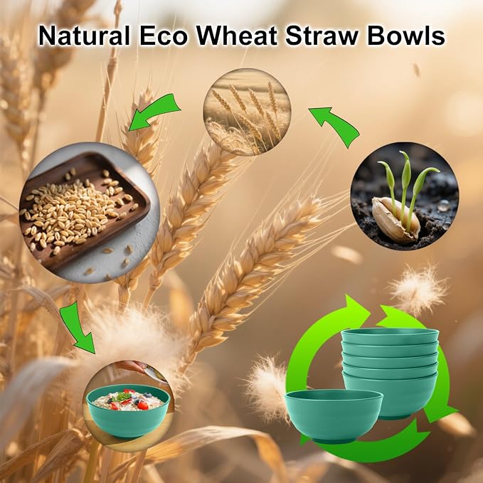 Wheat Straw Bowls 60oz, Unbreakable Large Cereal Bowls Set of 6, Plastic Bowls Reusable Salad Soup Bowls Microwave Safe, Big Bowl for Kitchen and Apartment, Large Bowls for Eating- Green