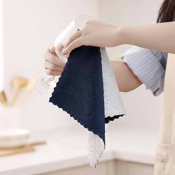 Homaxy 12 Pack Super Soft Dish Cloths, 10" x 10", Navy Blue & White | Coral Velvet, Nonstick Oil Fast Drying Microfiber Cleaning Cloth, No Lint Household Dishcloths