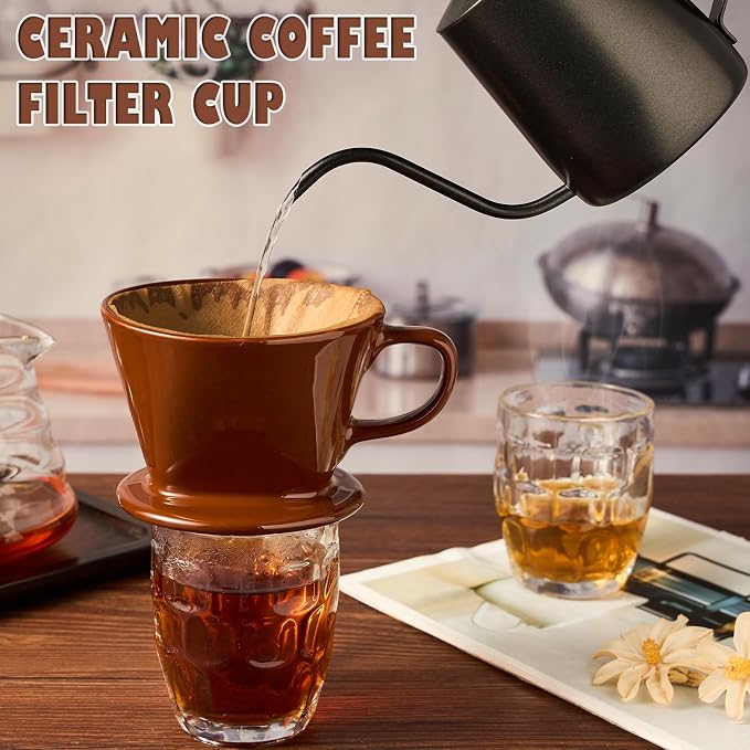 Pour Over Coffee Dripper, Ceramic Pour Over Coffee Maker, Brown | 3 Holes Flat Bottom, Easy Manual Brew Maker, Porcelain Slow Filter Cone for Travel, Camping, Office, Home