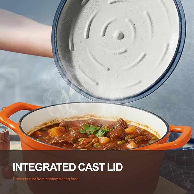 Overmont Enameled Cast Iron Dutch Oven - 5.5QT Pot with Lid Cookbook & Cotton Potholders - Heavy-Duty Cookware for Braising, Stews, Roasting, Sourdough Baking Orange