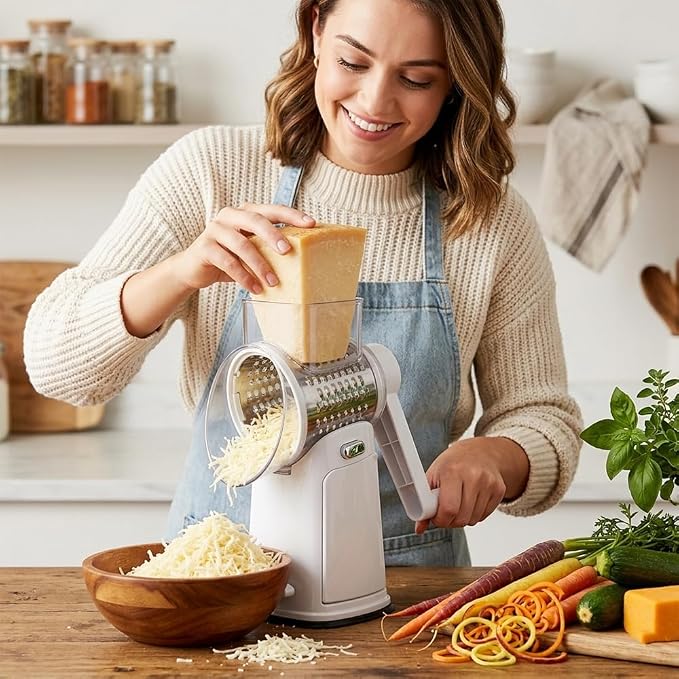 Rotary Cheese Grater with Hand Crank - Cheese Shredder with 5 Interchangeable Stainless Steel Blades, Suction Base & Ergonomic Handle | Vegetable Slicer, Food Grater for Cheese, Nuts & Chocolate