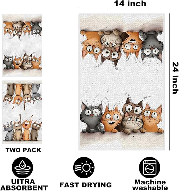 Jztco 2 Pcs Cute Cat Kitchen Towels, Cats Soft Absorbent Hand Tea Towel | Microfiber Dish Cloths for Drying Dishes, Waffle Dish Towels for Kitchen Bathroom Decor, Cat Lover Gifts for Women