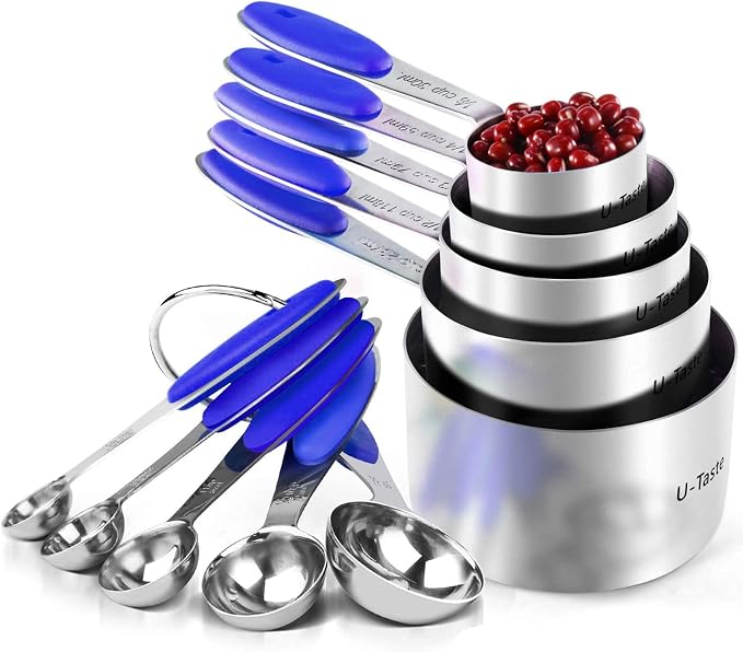 U-Taste Measuring Cups Spoons Set, 18/8 Stainless Steel, 10Pcs, Blue | Upgraded Thickened Handle, Reinforced Welded Joints, Nested Stackable Design, Metal Measure Set for Kitchen Baking Cooking