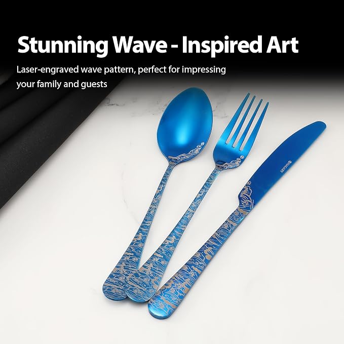 Wave Cutlery Set 20 Pieces Stainless Steel Flatware Set (All Blue) | Service for 4 Utensils For Home Kitchen Wedding Laser Engraved Dishwasher Safe