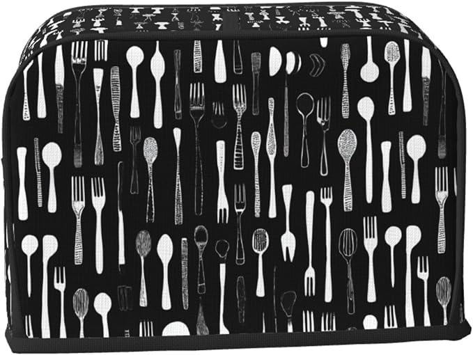 2 Slice Toaster Cover Fork Spoon Pattern Black Dust Proof Washable Kitchen Appliance Cover with Pocket, Oxford Fabric Countertop Toaster Protector for Standard Toasters Small Appliances