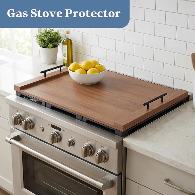 Walnut Finish Stove Top Cover for Gas & Electric Range | 30"x22" Rustic Noodle Board with Handles | RV Kitchen Workspace Saver