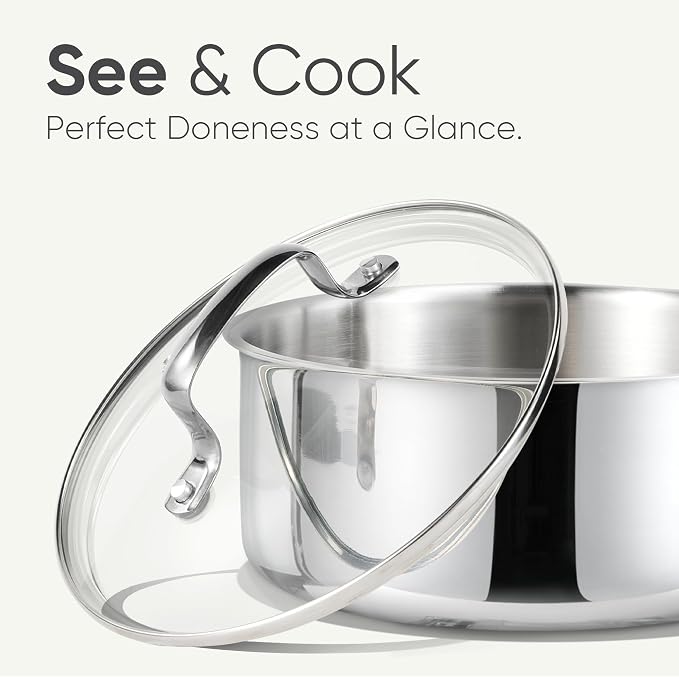 CAROTE 1.5Qt Stainless Steel Saucepan, Non-Toxic 3-Ply Stainless Steel Cookware Set with Lids, Small Kitchen Pots, Oven Safe, Compatible with Induction, Ceramic, Gas