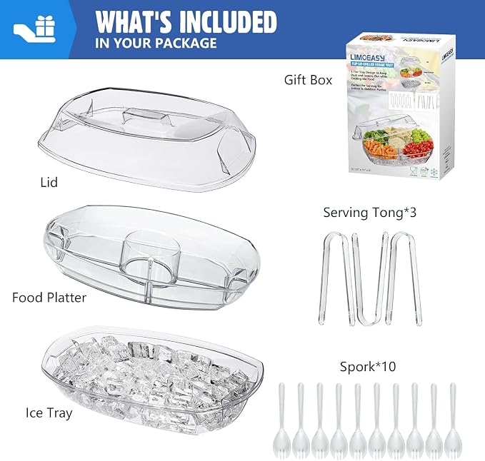 LIMOEASY Chilled Veggie Tray, 15 Inch Clear Party Platter with 4 Compartments, Ice Serving Bowl with Lid, Cold Food Buffet Server for Fruit, Vegetable, Appetizer, Shrimp