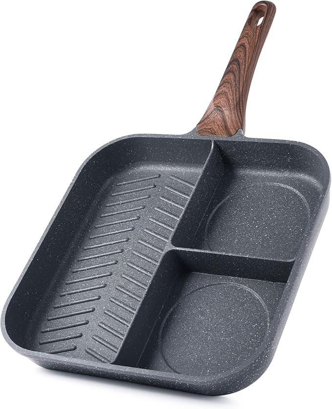 Sensarte Nonstick 11-Inch Square Grill Pan, 3-Section Versatile Breakfast Skillet, Die-cast Aluminum, PFOA, PFOS, APEO Free, Induction, Gas, Electric, Glass, Ceramic