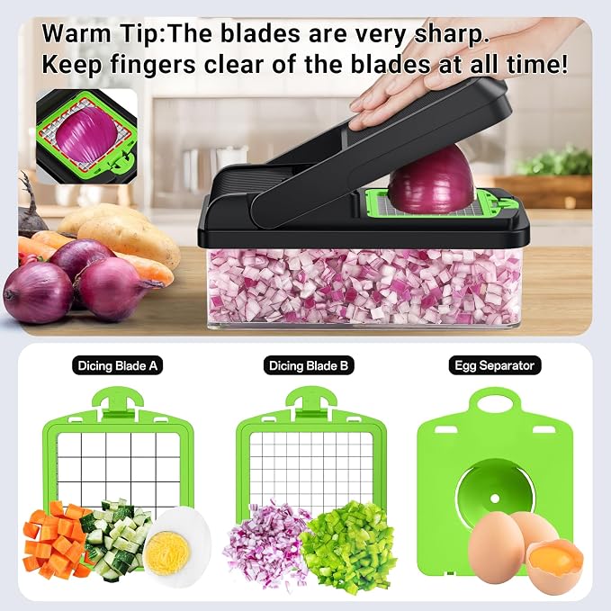 15-in-1 Vegetable Chopper with 10 Blades, Food Veggie Cutter, Green | Includes Egg Separator, Food Container and Finger Guard, Non-slip Base, for Chopping, Slicing, Shredding, and Mincing