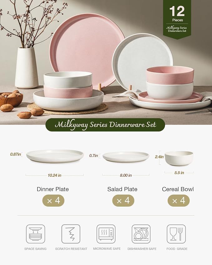 Famiware Milkyway 12-Piece Dinnerware Set, Matte Beige White & Light Pink | Stoneware Plates and Bowls for 4, Reactive Glaze Dish Set, Microwave & Dishwasher Safe, Chip & Scratch Resistant