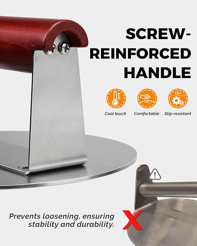 HULISEN Stainless Steel Burger Press, 6.2-Inch Round Burger Smasher | Flat Edge, Heat-Resistant Wooden Handle, Even Pressure for Thin Patties, Griddle Accessories Fit Flat Top Griddles & Skillets