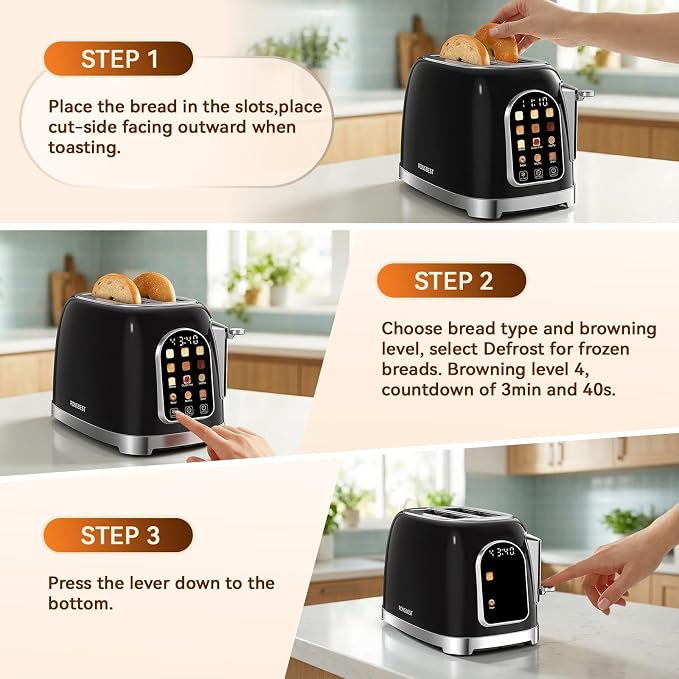 RONGBEST Retro 2 Slice Toaster with Stainless Steel Wide Slot Touch Screen for Family Breakfast, 6 Browning Levels, Reheat & Defrost Bagel and Bread, Removable Crumb Tray, Jet Black