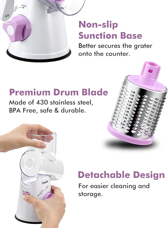 Geedel Rotary Cheese Grater Hand Crank, Cheese Shredder Vegetable Slicer | 3 Blades, 430 Stainless Steel, 12x Fast Cutting, Strong Suction Base, No BPA, Dishwasher Safe, for Cheese, Veggie, Nut