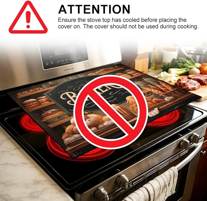 Rustic Bakery Stove Top Cover for Electric Stove, 28x20 In Mat | Heat-resistant non-slip mat holds hot cookware; glass cooktop protector, dish drying; farmhouse bread kitchen decor