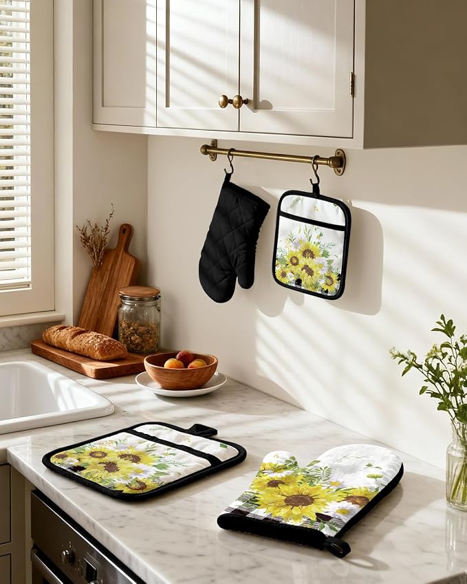 Miss Adola Cotton Oven Mitts and Pot Holders Sets, Sunny Bloom | Heat-resistant up to 350°F, Pure Cotton, Quilted Contact Surface, Stylish Design, with Hanging Loop, Ready to Gift Package
