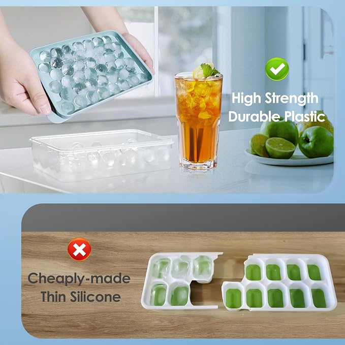 Ice Cube Tray with Lid and Bin, 1" Round Ice Trays for Freezer | 2 Blue Ice Cube Trays with Ice Box & Tong, 1" Round Ice Balls for Iced Coffee & Juice, Easy Twist Release, For Gatherings
