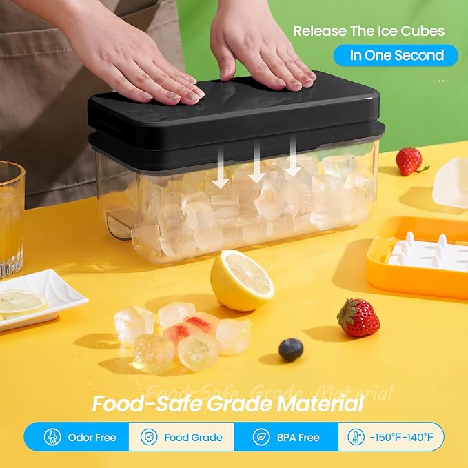 1" Ice Cube Tray with Lid and Bin, Easy Release 64 Cubes for Freezer | Food-grade BPA-free PP and ABS. 1" x 64pcs ice cubes for fruit whiskey, cocktails. Space-saving, stackable with scoop