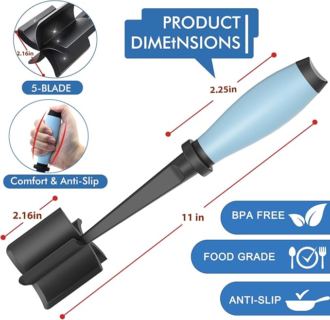 Upgrade Meat Chopper, Heat Resistant Meat Masher for Hamburger Meat, Ground Beef Smasher, Nylon Hamburger Chopper Utensil, Ground Non Stick Mix Chopper, Mix and Chop, Potato Masher Tool（Aqua） | Premium Heat Resistant Meat Masher, Nylon Potato Mashers B...