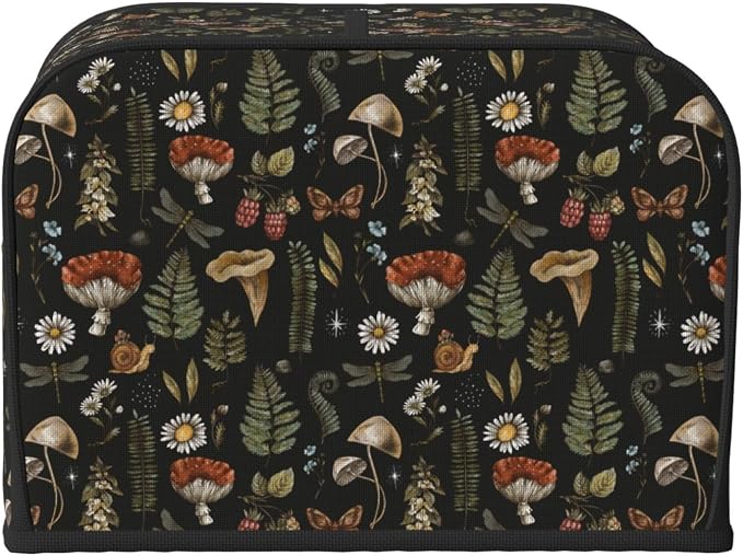 4 Slice Toaster Cover Vintage Mushroom Leaf Forest Dust Proof Washable Kitchen Appliance Cover with Pocket, Oxford Fabric Countertop Toaster Protector for Standard Toasters Small Appliances