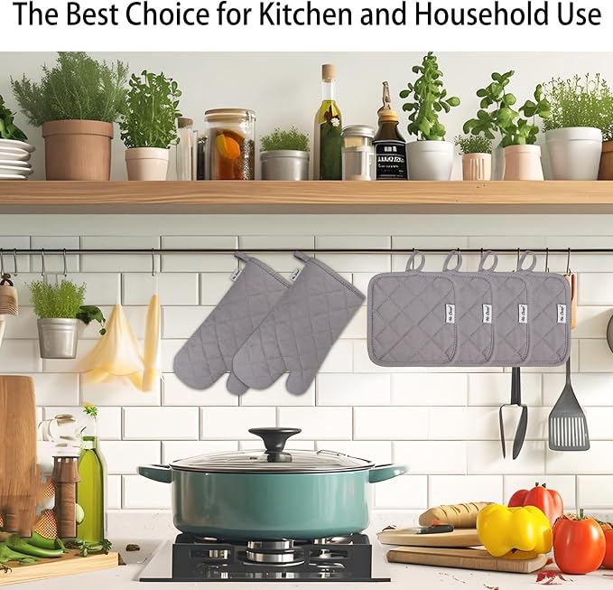 Oven Mitts and Pot Holders Sets,6 Pcs Oven Mitts and Potholders with Recycled Cotton High Heat Resistant Extra Thick Long Oven Mitts for Cooking(Gray)