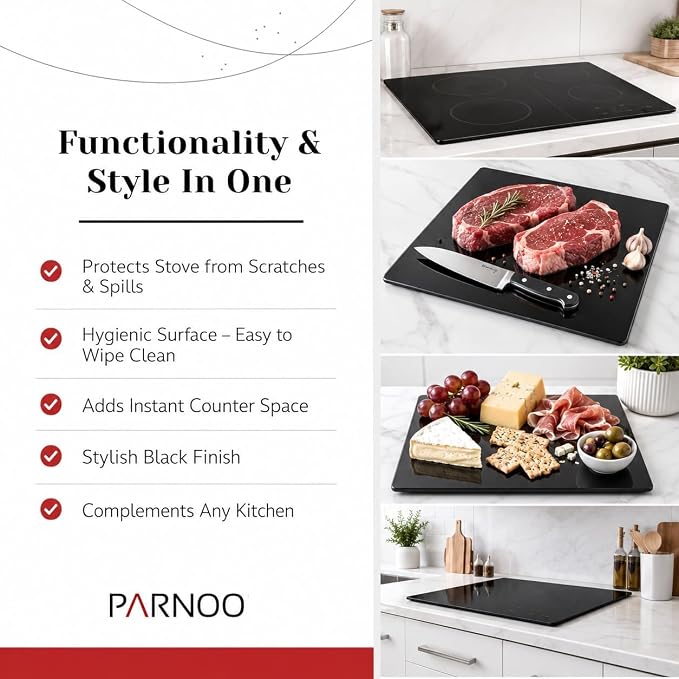Multipurpose Tempered Glass Black Stove Cover 20 x 12 Inch – Countertop Cutting Board with Legs – Stovetop Cover to Expend Kitchen Space.