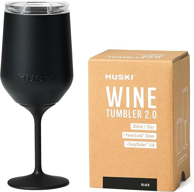 Huski Wine Tumbler 2.0 | NEW | Award-winning Design with Detachable Stem | Premium Stainless Steel Wine Glass with Lid | Triple Insulated Tumbler | 12oz Capacity | Great Gift (Black)