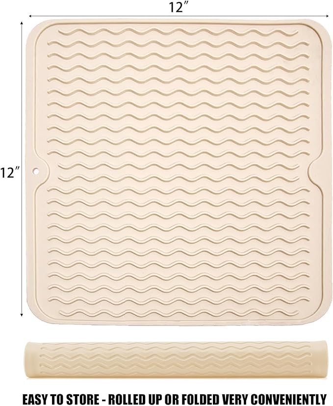 Silicone Dish Drying Mat, Non-Slip Easy Clean Sink Mat, Beige, 12" x 12" | Quick-Dry Ridges, Large Heat-resistant Dish Drainer Mat for Kitchen Counter, Hangable & Roll-Up for Storage, Dishwasher Safe