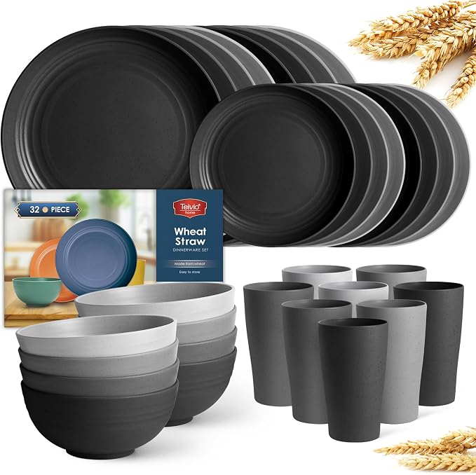 Teivio 32-Piece Plates and Bowls Sets for 8, Wheat Straw Dinnerware Sets | 13.5oz Cups, Plastic Unbreakable Dish Set, Dishwasher, for Outdoor Camping Dinning RV Kitchen Essentials, Gray Ombre