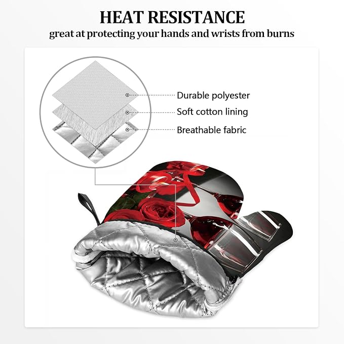 Red Wine Rose Candle Oven Mitts and Pot Holders Sets of 4 Silicone Oven Mitts Gloves Heat Resistant Non-Slip Grip Kitchen Mittens Potholders for Cooking Baking Grilling BBQ (Red)