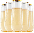 FOCUSLINE 24 Pack 9 Oz Plastic Stemless Gold Rim Champagne Flutes, Heavy Duty, Shatterproof, Disposable & Reusable Crystal Clear Toasting Glasses