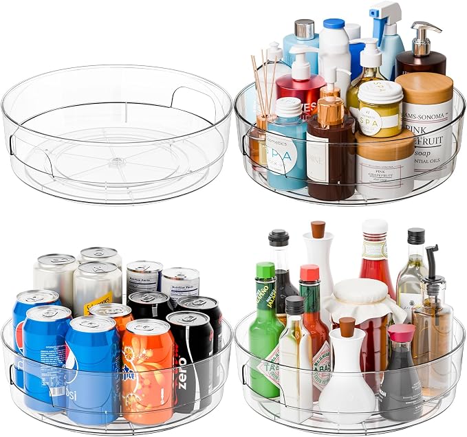 4 Pack 12" W Clear Acrylic Lazy Susan Turntable for Cabinet,Refrigerator,Pantry and Kitchen - with Handle - Large Fridge Sauce Condiment Turn Table Organizer,Spinning Round Spice Rack Carousel