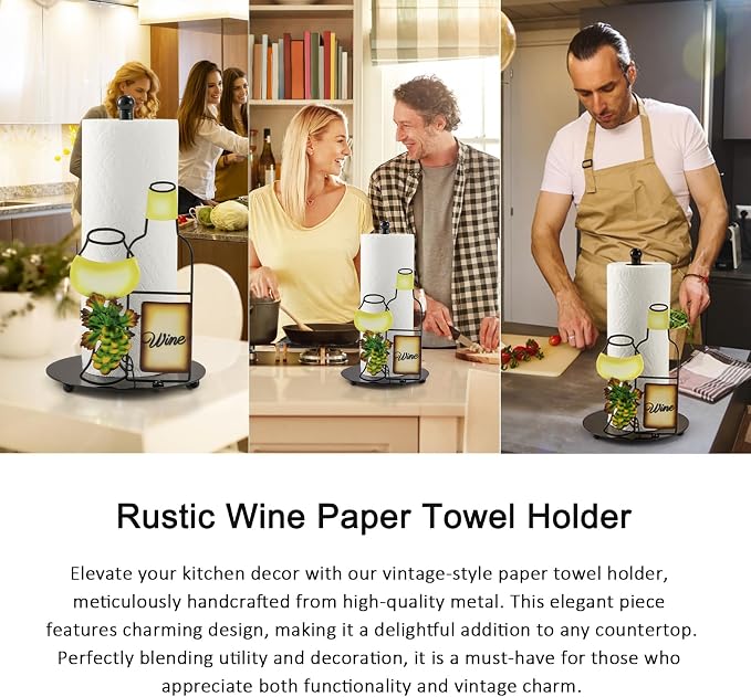 Wine Paper Towel Holder Countertop for Kitchen with Weighted Base | Wine Lovers Gifts, Cute Rustic Country Vintage Farmhouse Kitchen Decorations, Roll Dispenser Holds Standard & Jumbo Rolls