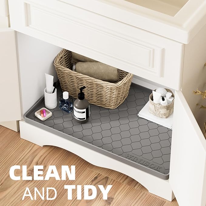Winisok Waterproof Under Sink Mat 34" x 22", Silicone Mat, Light Gray | Raised Edge Traps Spills & Leaks, Shelf Liner, Cabinet Protector, for Kitchen, Bathroom, Boots, Pets, Home Essentials