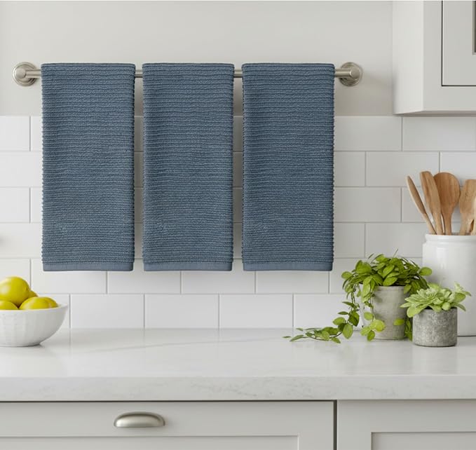 Slate Blue Gray Kitchen Hand Dish Towels, Set of 3, 100% Cotton, 18" x 28" | Terry Loop Ribbed Textured, Soft & Absorbent Cleaning Cloth, Quick Dry, Multipurpose for Everyday Use