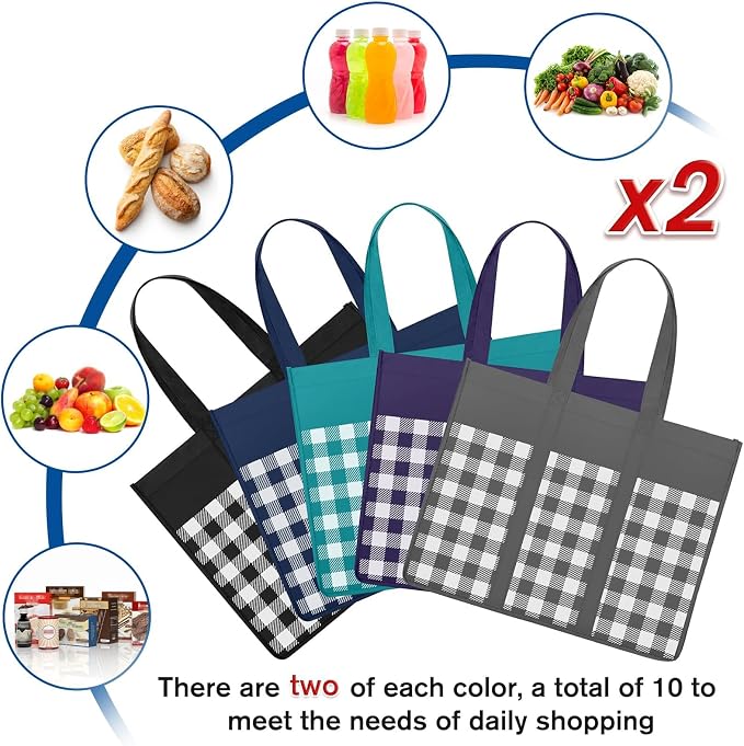 Reusable Grocery Shopping Bags 10 Pack Large Foldable Tote Bags Bulk | Eco Produce Bags with Long Handle for Shopping Groceries Clothes (Plaid A)