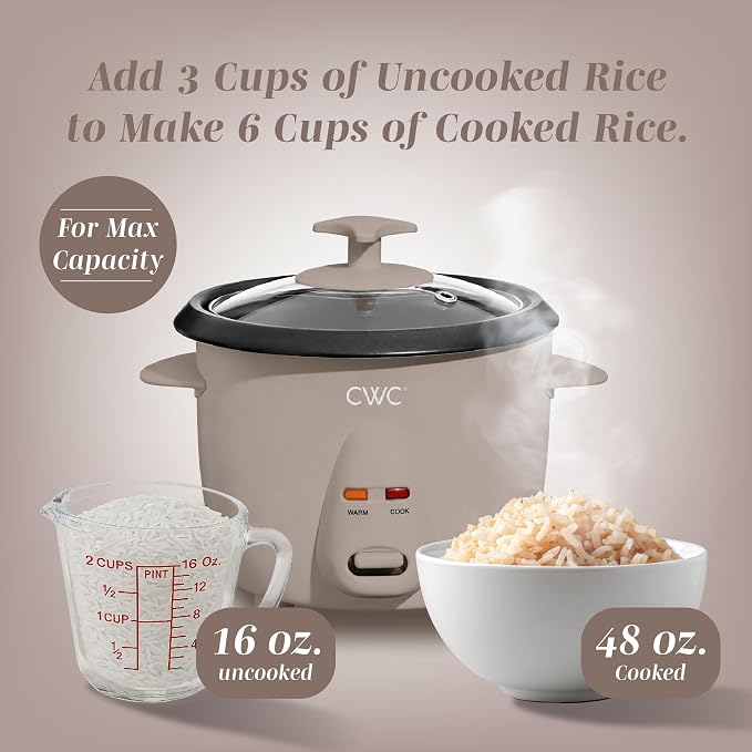 COOK WITH COLOR 6 Cup Rice Cooker 300W - Effortless Cooking and Perfectly, Cooks 3 Cups of Raw Rice for 6 Cups of Cooked Rice, Warm Grey