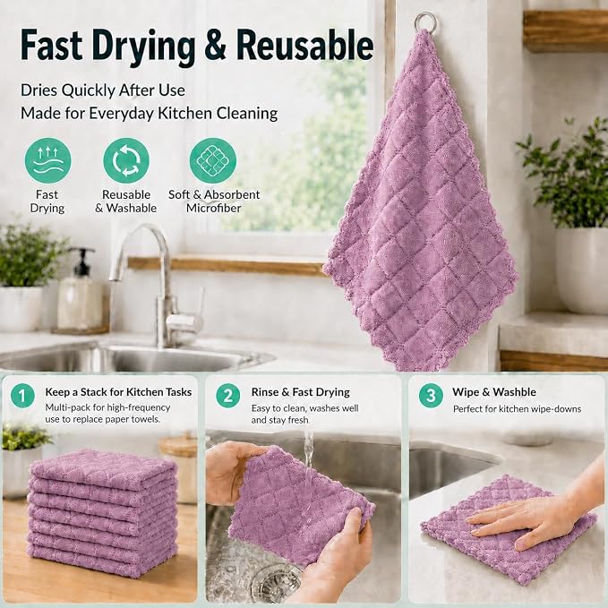 kimteny 12 Pack Dish Cloths for Washing Dishes | Super Absorbent Microfiber Kitchen Dish Rags, Fast Drying Coral Velvet Dish Cloths for Kitchen Counter and Dishes,Purple-Grey