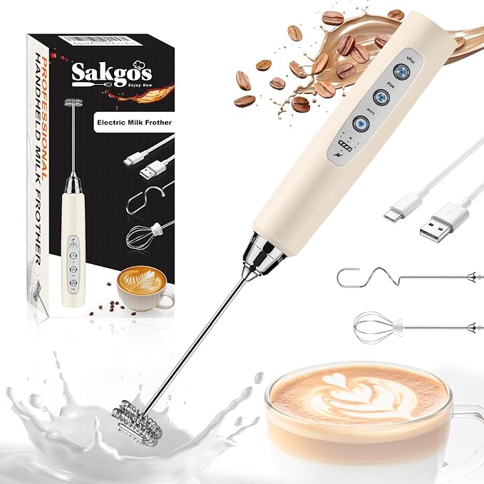 Milk Frother Wand Rechargeable Handheld Electric Whisk 3 Speed Adjustable | Coffee Frother Wand with 3 Stainless Whisks Electric Foam Maker Drink Mixer Blender for Latte Cappuccino Matcha Egg