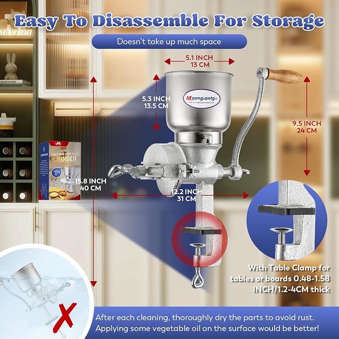 Moongiantgo Corn Grinder Mill Cast Iron Manual Grain Mill Hand Grinder with Large Hopper for Corn Barley Wheat Berries Coffee Chickpeas Poppy Seeds Pepper Dried Beans Animals Feed Home Brewing | Mill Grinder with Large Hopper, for Corn Barley Wheat Ber...