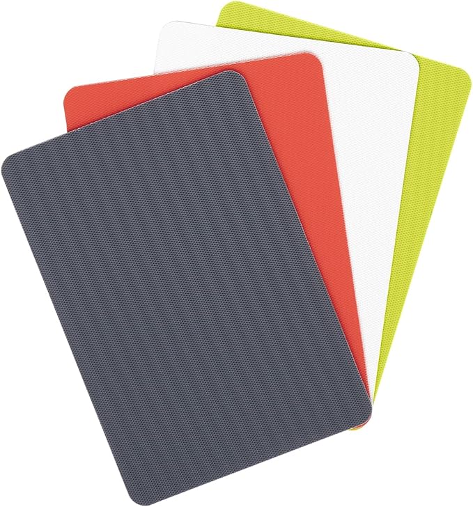 Dexas Heavy Duty Cutting Board Grippmat, Flexible Cutting Boards for Kitchen, Set of 4, Non Slip Plastic Board Cutting Mat 5.5 by 8 Inches Gray, Red, White and Green Set, Kitchen Gadgets
