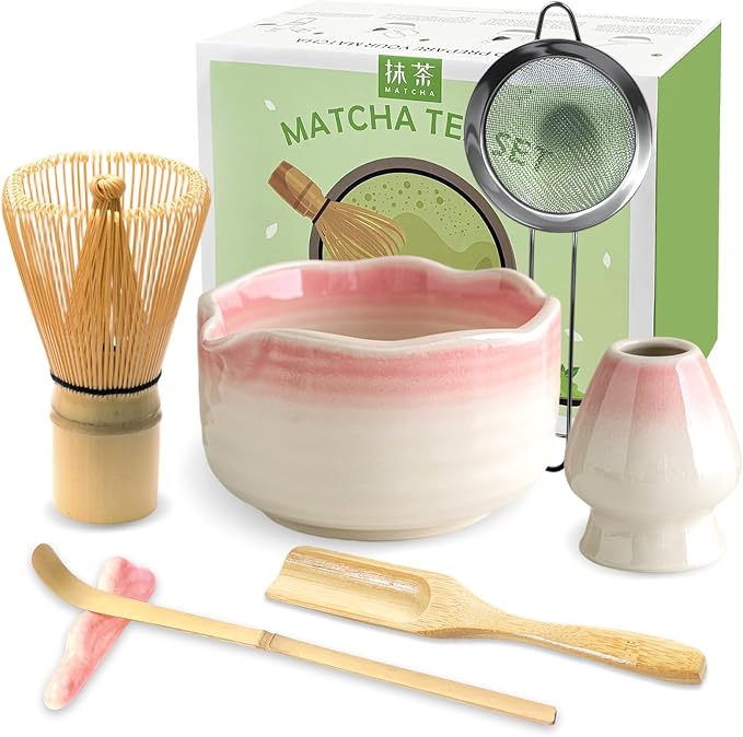 JBER Matcha Whisk Set, Ceramic Matcha Set Includes Bowl & Holder, Bamboo Whisk (Chasen), Sifter, Scoop, Spoon & Rest - 7PCS Matcha Kit Gift for Matcha Lovers & Beginners, Gradient Pink | Complete Matcha Kit Includes 17oz Bowl, Handmade Whisk 100 Prongs...