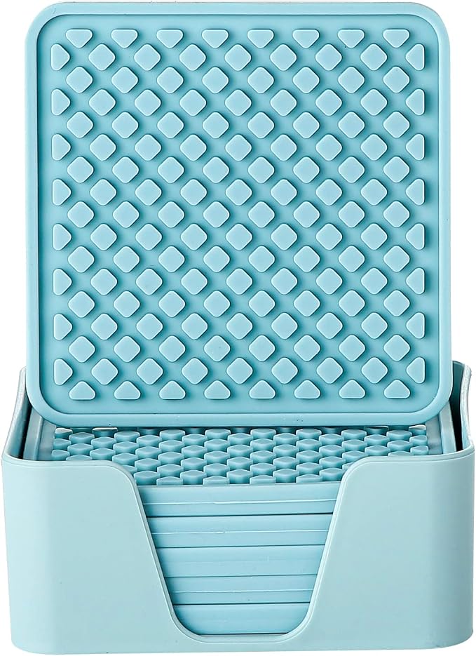 Colinda Silicone Drink Coasters with Holder, Set of 6, for Tabletop Protection and Office Desk, Cup Mat Set for Home Decor, Non-Slip and Non-Stick,Square, 4 Inch,Turquoise