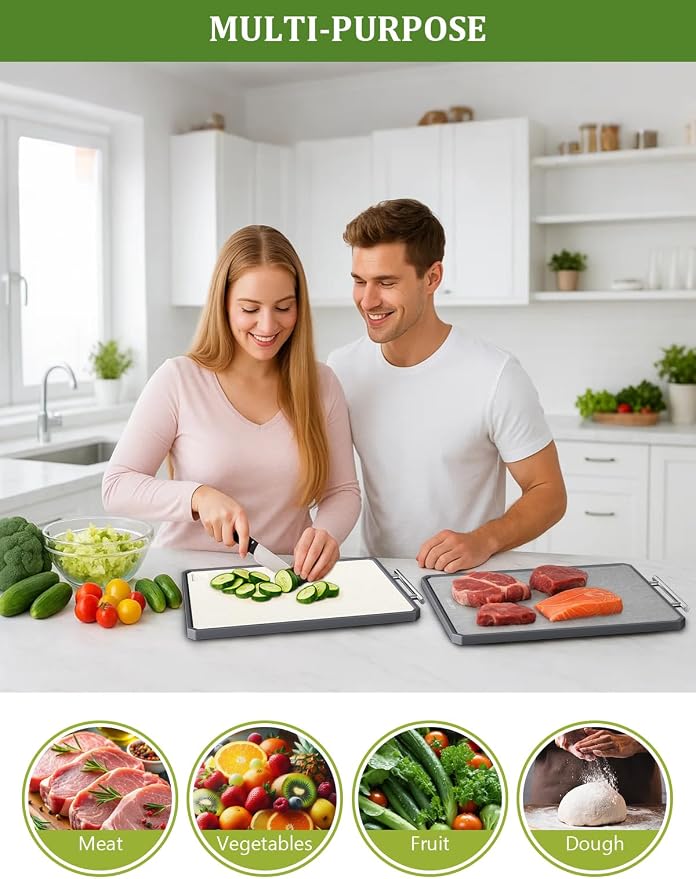 Titanium Cutting Boards for Kitchen, 2 in 1 Non Toxic Cutting Board, Food-Grade Double Sided Pure Titanium & Wheat Straw PP Chopping Board for Meat/Vegetables, Dishwasher Safe Large 16.3”×11-1 PC
