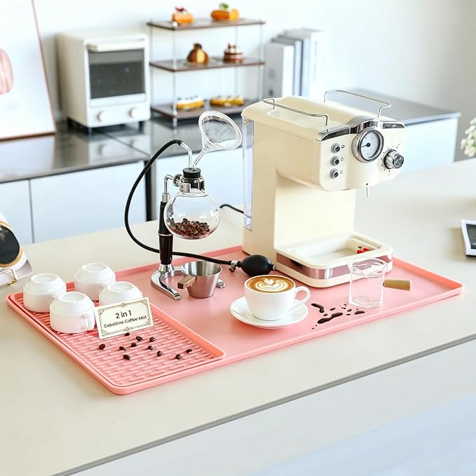 2 In 1 Extra Large 16"x28" Silicone Coffee Bar Mat Accessories for espresso Machine Detachable Dish Drying Rug Heat Resistant Kitchen Cafetera Barista Items Pink Room Decor Funny Cut Girls Gifts
