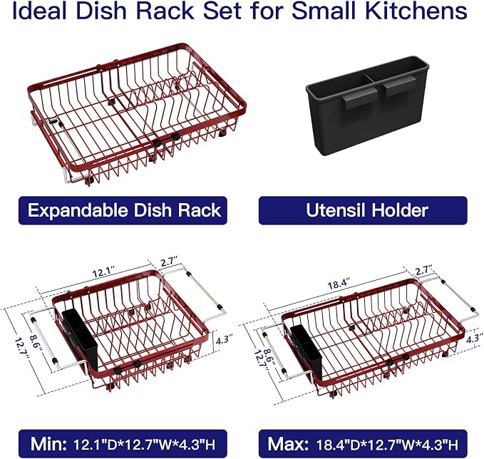 Red Dish Drying Rack Over The Sink with Utensil Holder | Expandable Stainless Steel Dish Drainer for Small Kitchen, Apartment, RV, Counter Space Saving, Perfect Fit, Rustproof